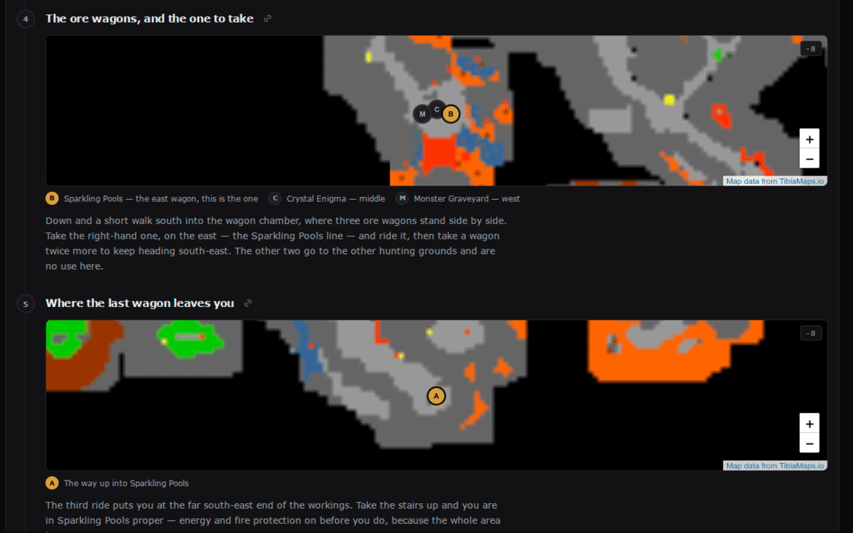 Two steps of the route to Magma Bubble: a map of the wagon chamber with three pins labelled Sparkling Pools, Crystal Enigma and Monster Graveyard, then the stairs the last wagon leaves you at
