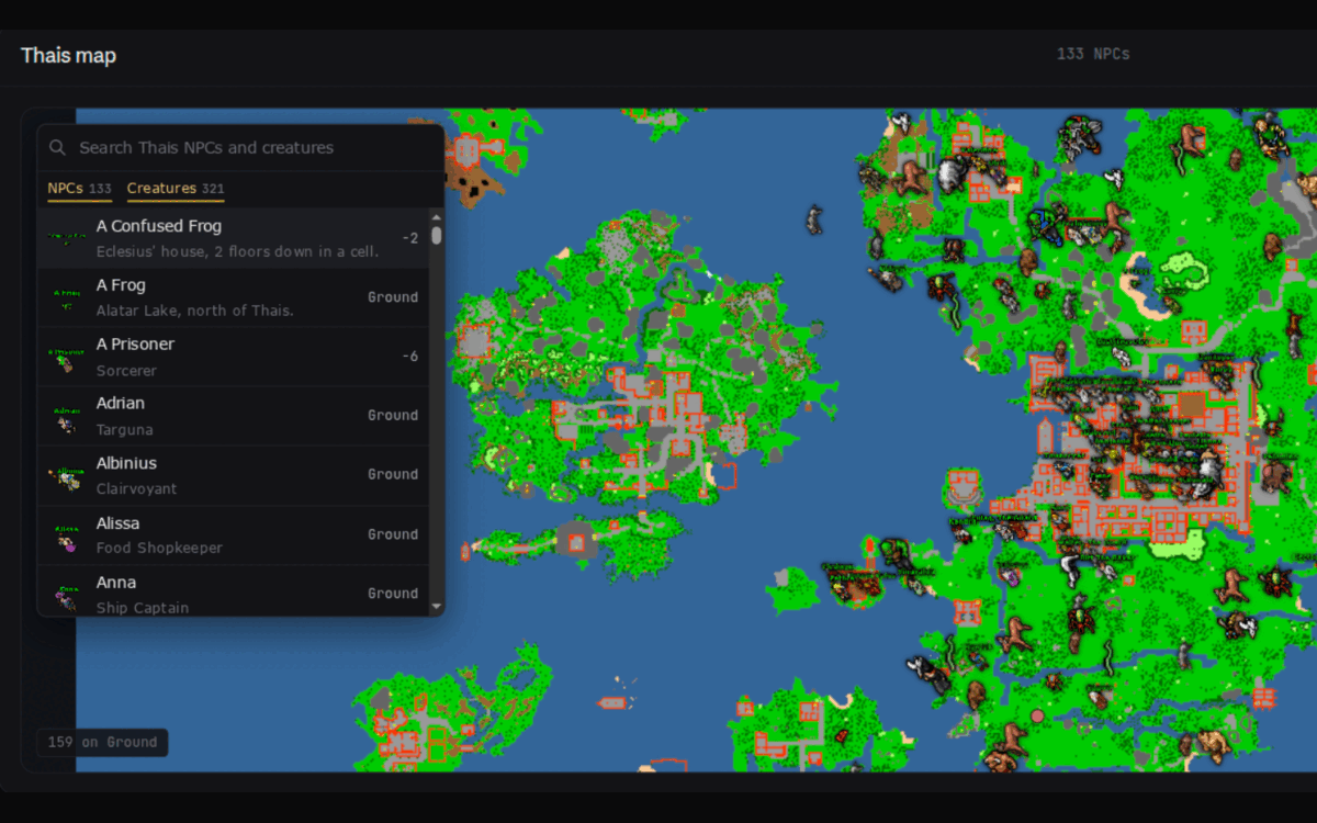 The Thais city map with its NPC list open, each entry showing a job and a floor