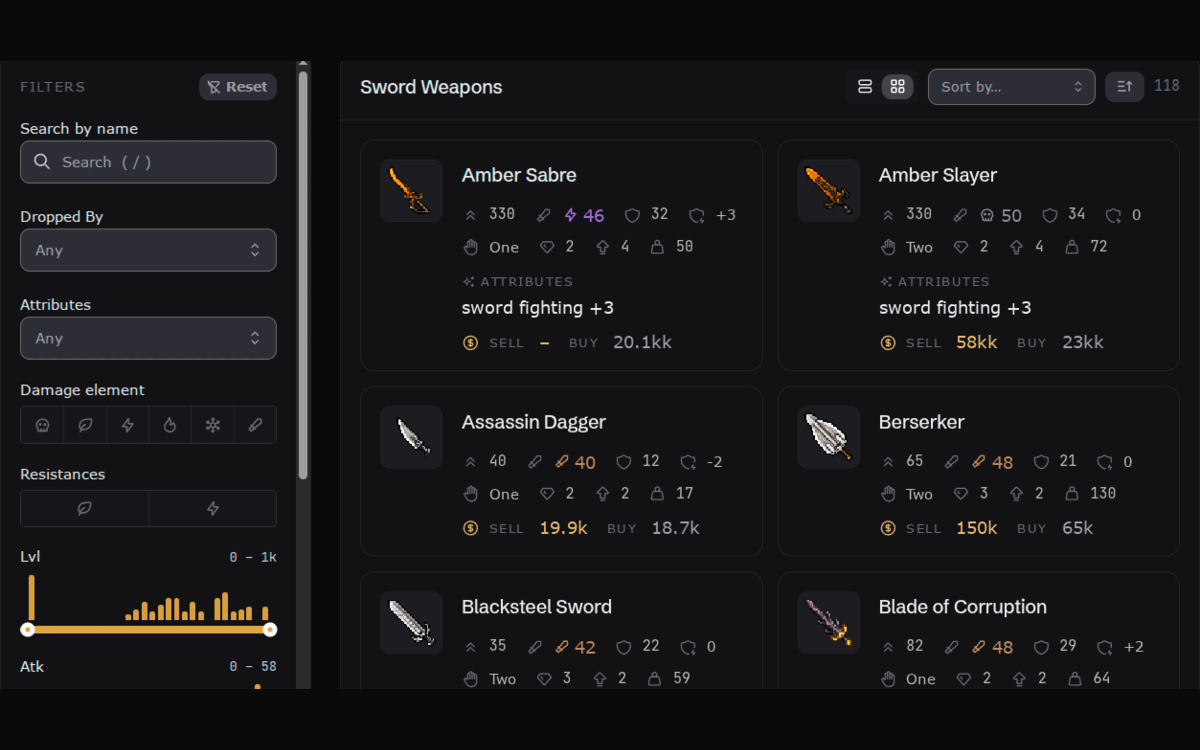 The sword weapons list: a filter rail of sliders and toggles beside item cards carrying market prices