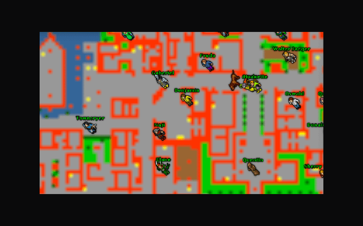 The world map zoomed into Thais, with named NPC sprites standing in the streets
